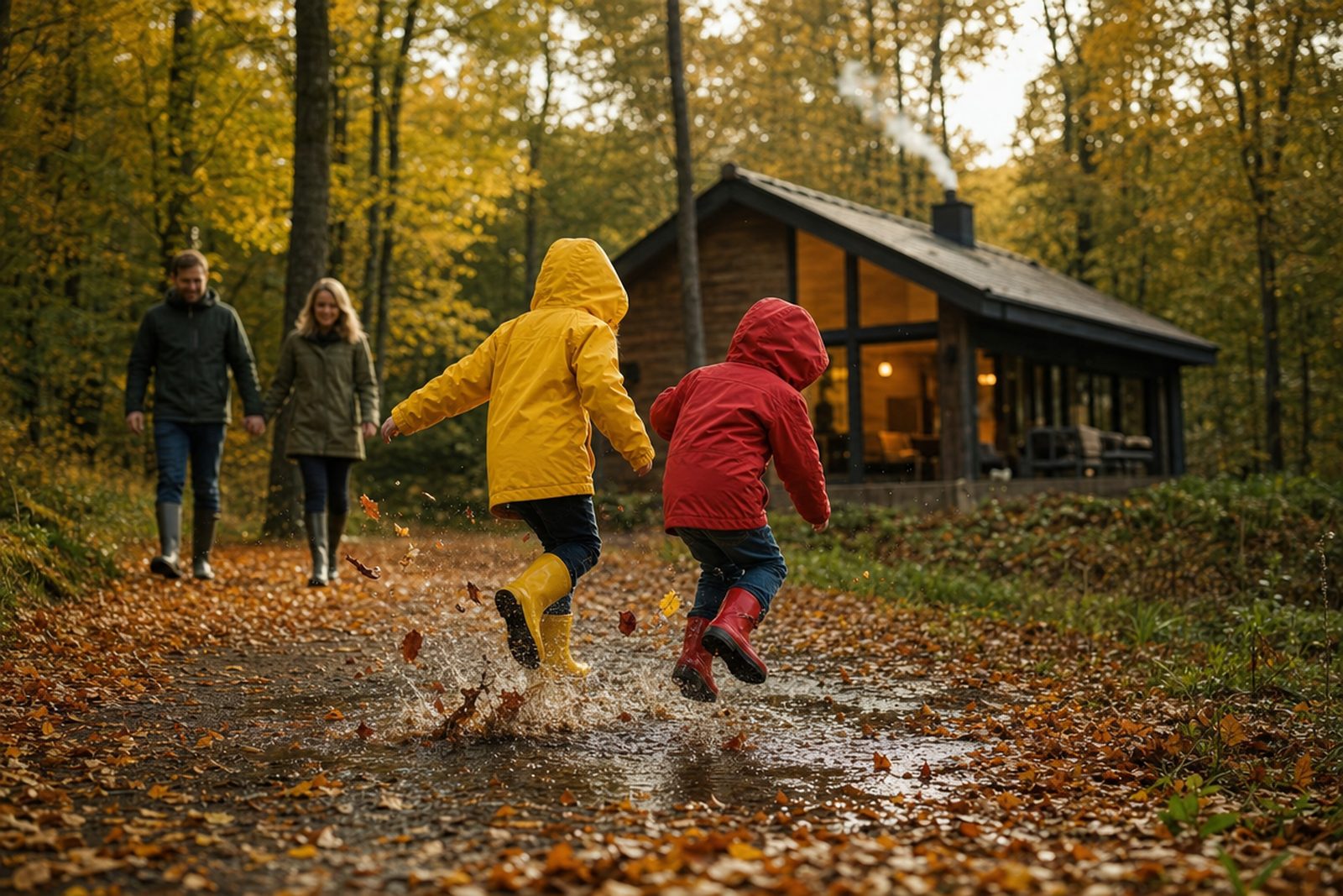 Zwei Kinder in Regenjacken springen im Herbstwald in eine Pfütze, dahinter ein Ferienhaus mit warmem Licht