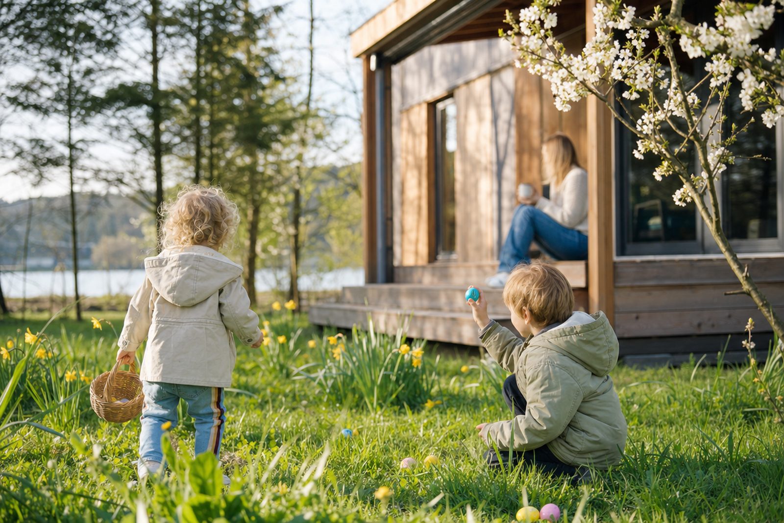 Kinder suchen bunte Ostereier auf einer Frühlingswiese vor einem Ferienhaus