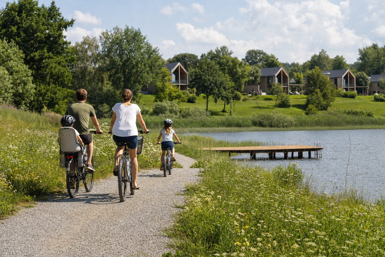 Familie auf Fahrradtour auf einem Uferweg an einem See im Frühsommer