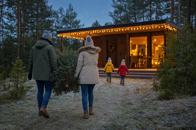 Familie trägt in der Abenddämmerung einen kleinen Tannenbaum zu einem beleuchteten Ferienhaus