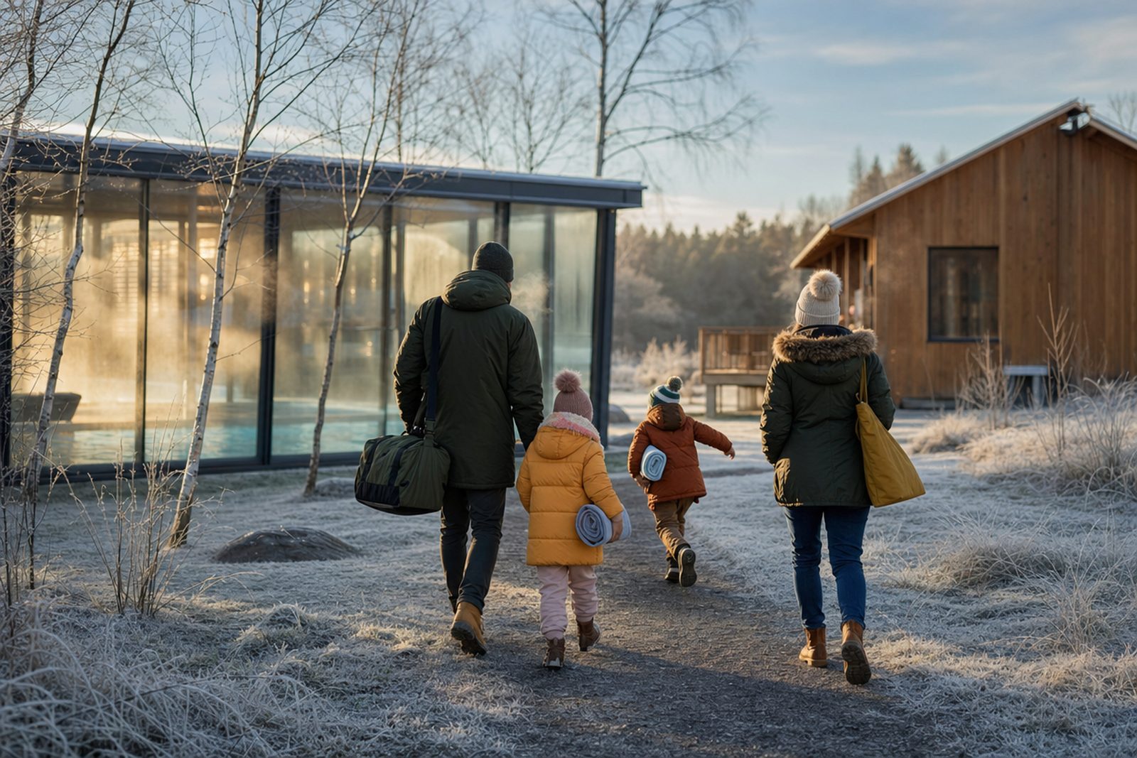 Familie mit Badetasche auf dem Weg durch einen frostigen Ferienpark zum beleuchteten Hallenbad