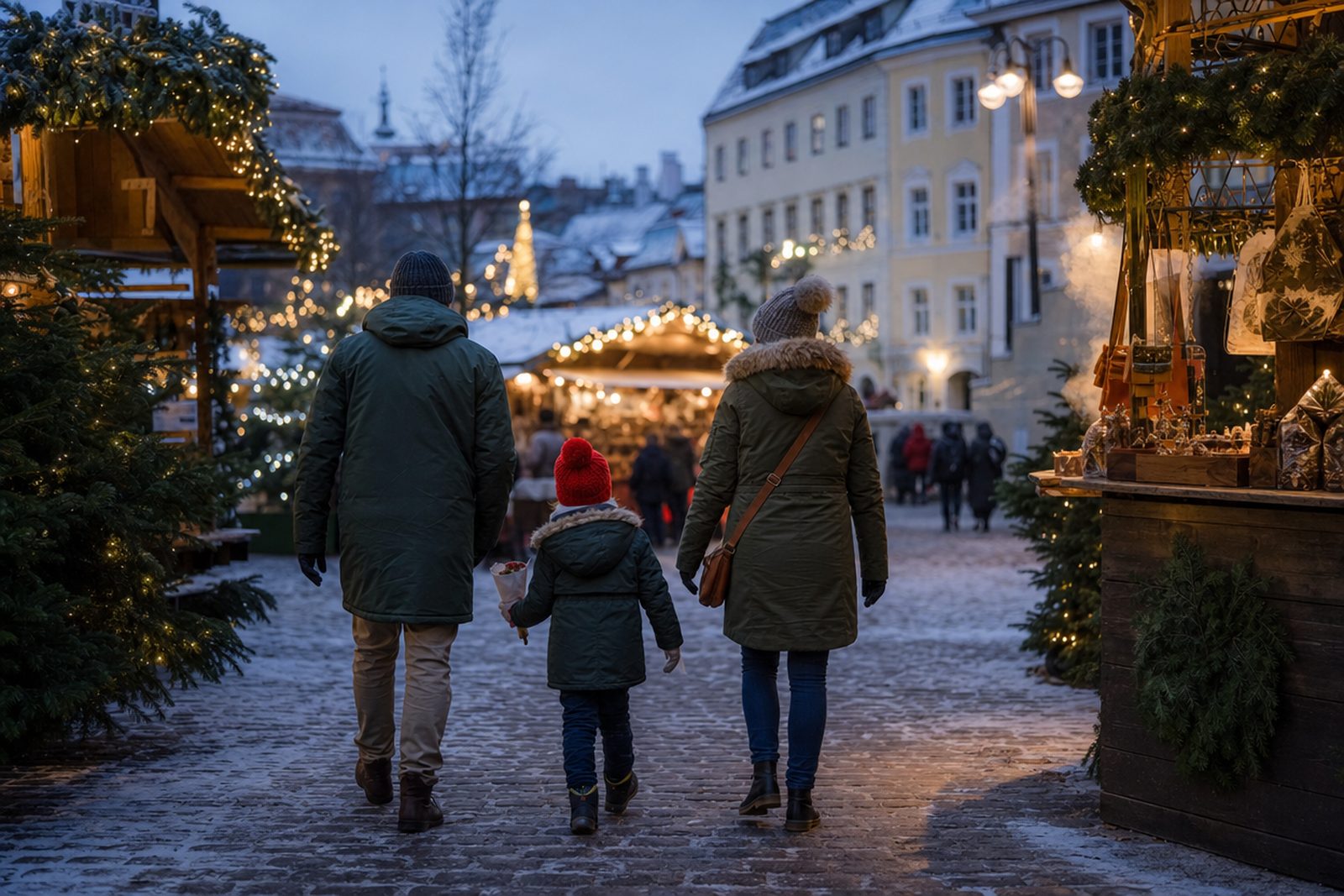 Familie mit Kind in roter Mütze geht am Winterabend über einen verschneiten Weihnachtsmarkt mit beleuchteten Holzbuden und Tannengirlanden