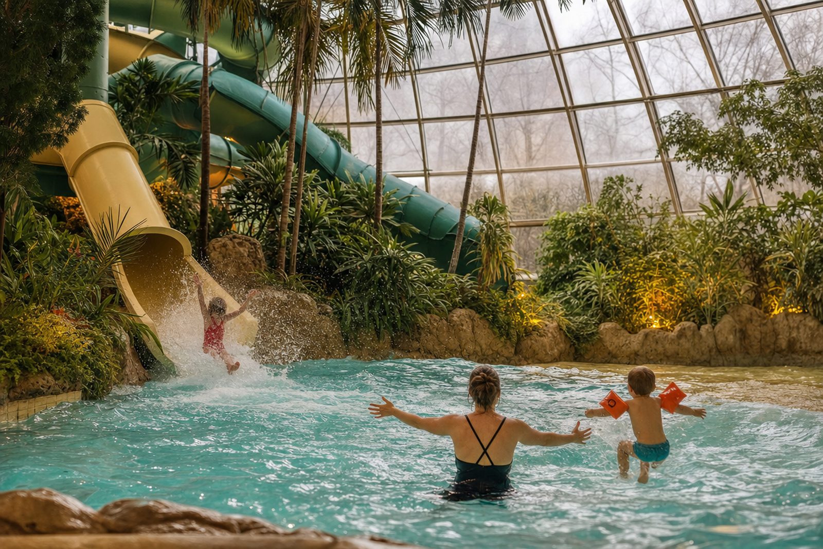 Kind saust aus einer gelben Wasserrutsche ins Wellenbecken eines tropischen Hallenbads mit Palmen und Glaskuppel, im Wasser wartet eine Mutter mit ausgebreiteten Armen auf einen kleinen Jungen mit Schwimmflügeln, draußen kahle Winterbäume