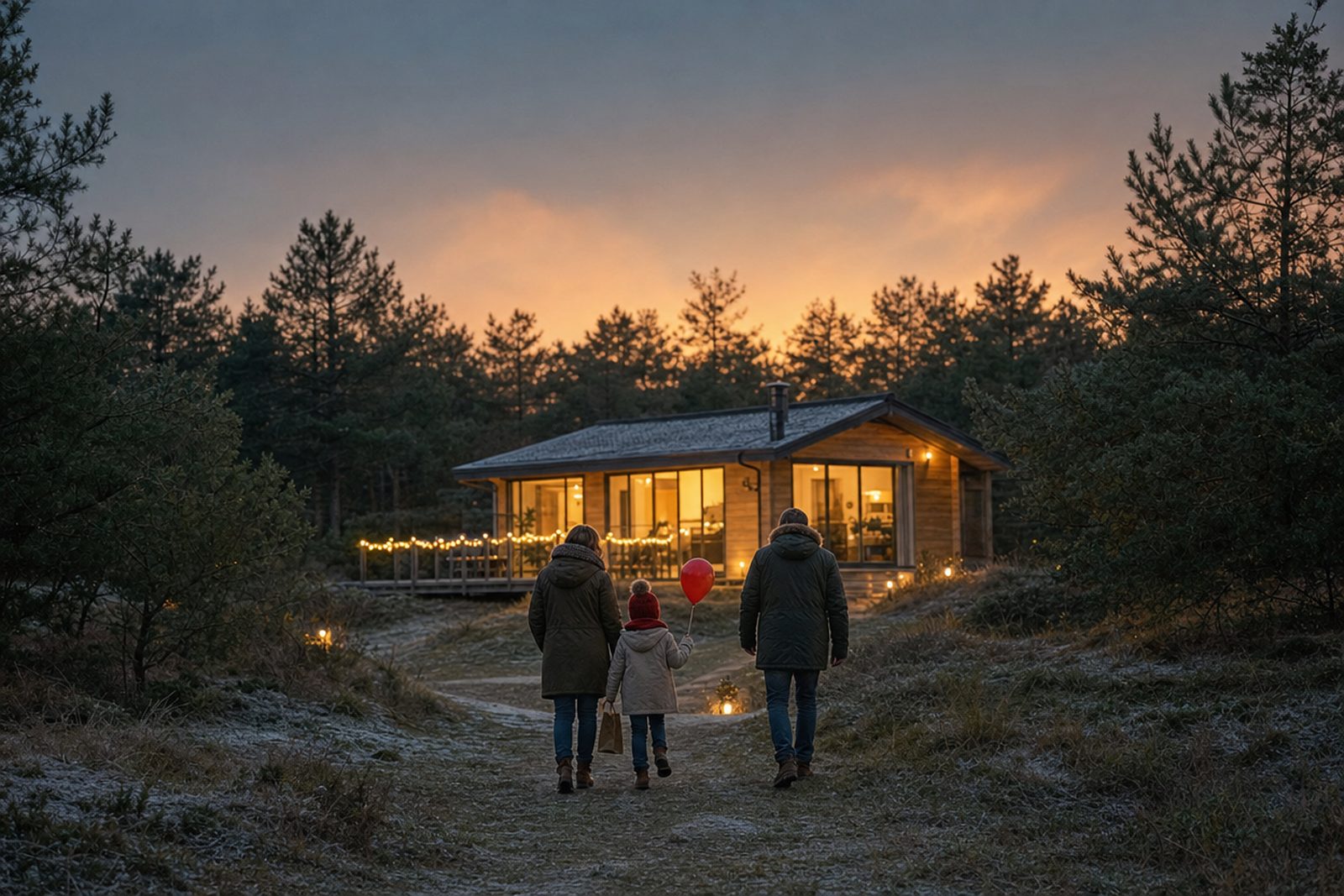 Familie mit Kind und rotem Luftballon geht am Winterabend auf einem frostigen Dünenweg zu einem beleuchteten Holzferienhaus mit Lichterkette zwischen Kiefern