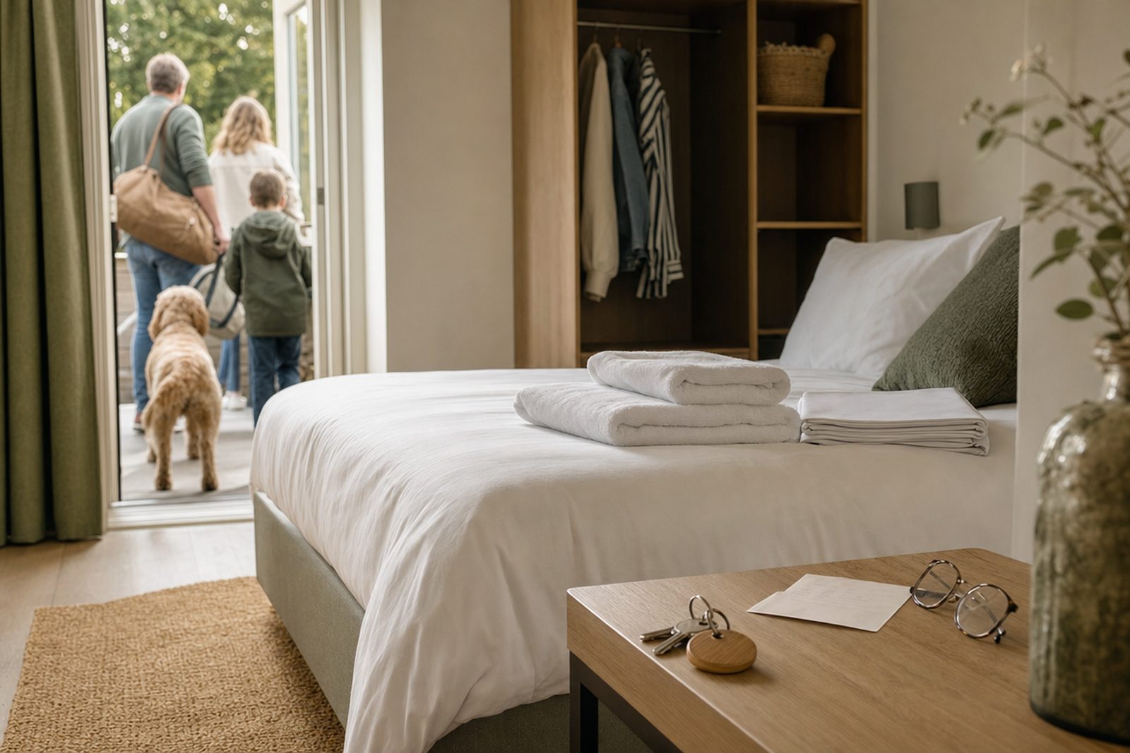 Frisch bezogenes Bett mit gefalteten Handtüchern und Bettwäsche in einem hellen Ferienhaus, vorn Schlüssel und Beleg auf dem Nachttisch, durch die offene Tür kommt eine Familie mit Hund herein