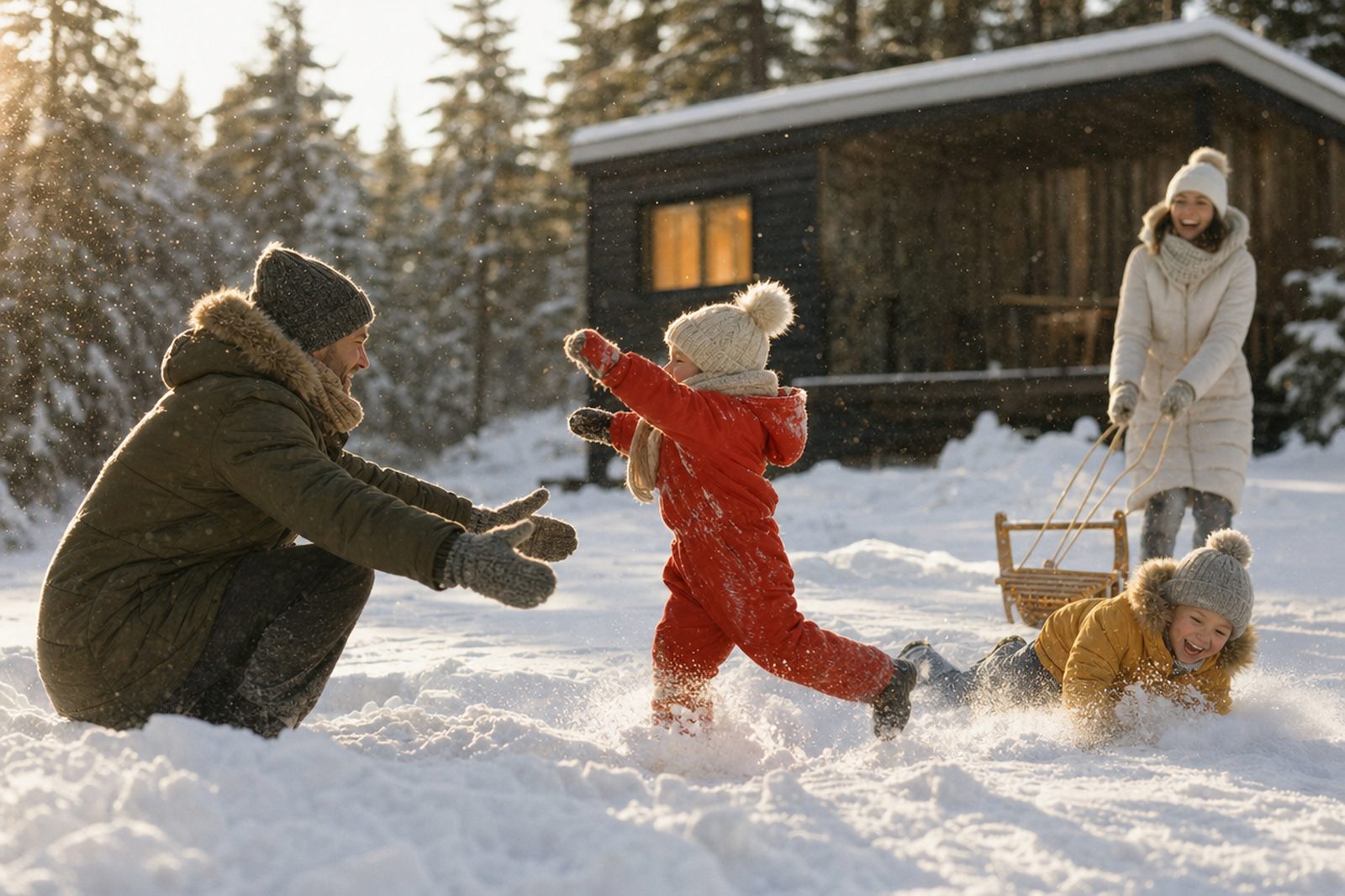 Ein Kind in rotem Schneeanzug rennt lachend durch den Schnee in die offenen Arme des Vaters, daneben liegt ein zweites Kind im Schnee und die Mutter zieht einen Schlitten, im Hintergrund ein Holzferienhaus mit warm erleuchtetem Fenster